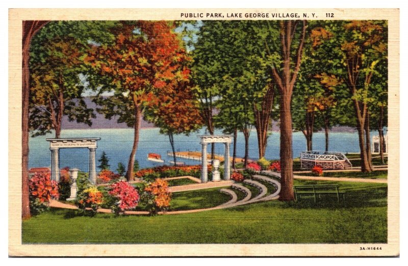 Vintage Public Park, Landscape, Lake George Village, NY Postcard