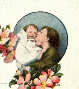 Vintage 1915 Birth Announcement Postcard Mother with Her Cute Baby Pink Flowers