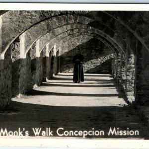 c1940s San Antonio TX RPPC Monk Walk Concepcion Mission Real Photo Postcard A100