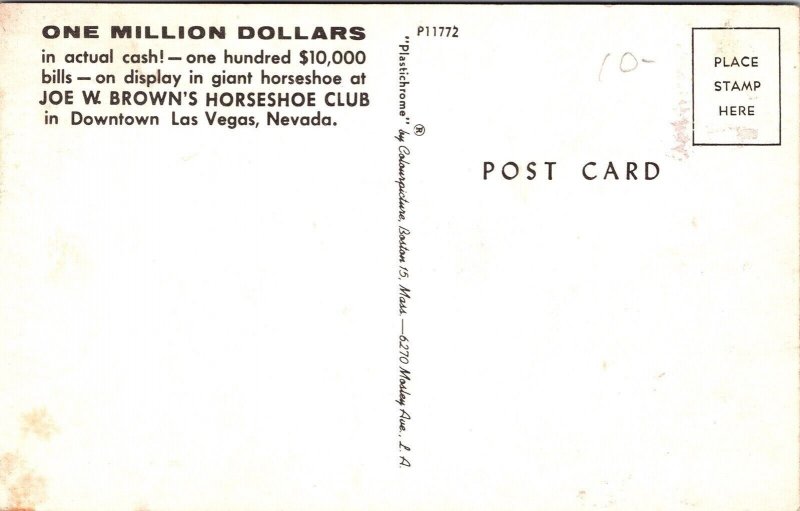 One Million Dollars Horseshoe Club Downtown Las Vegas Nevada Nev Postcard 