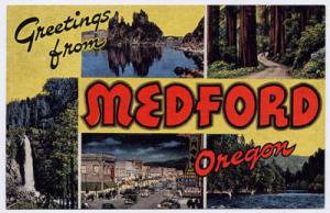 Greetings From Medford OR - Large Letter Linen Postcard