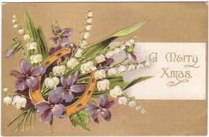 A Merry Xmas, Horseshoe, Flowers, Antique Embossed Christmas Greetings Postcard
