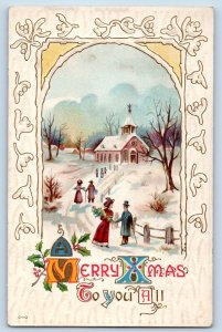 Christmas Postcard Church Winter Scene Holly Berries Embossed c1910's Antique