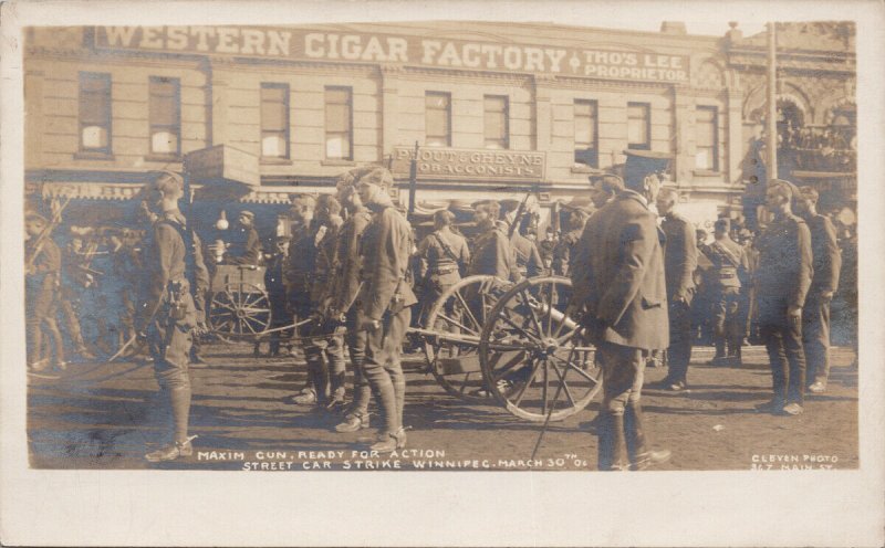 Winnipeg MB Street Car Strike Maxim Gun Soldiers Military Cleven Postcard G60