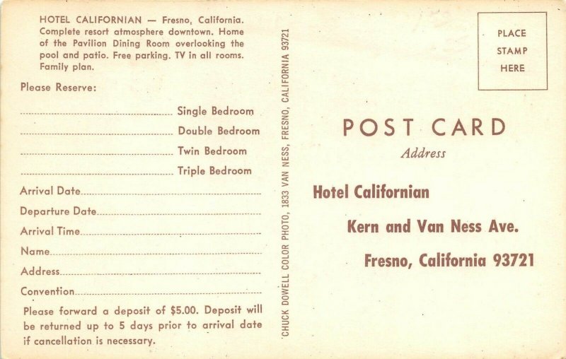 Fresno California 1960s Postcard Hotel Californian Resort Swimming Pool