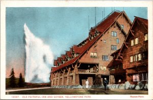 Postcard Old Faithful Inn and Geyser at Yellowstone National Park, Wyoming