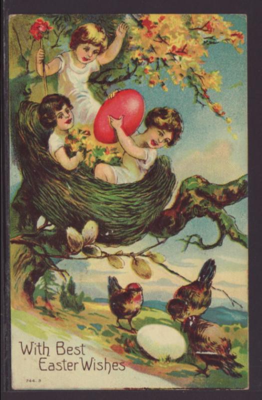 Best Easter Wishes,Girls in Nest,Chicks Postcard