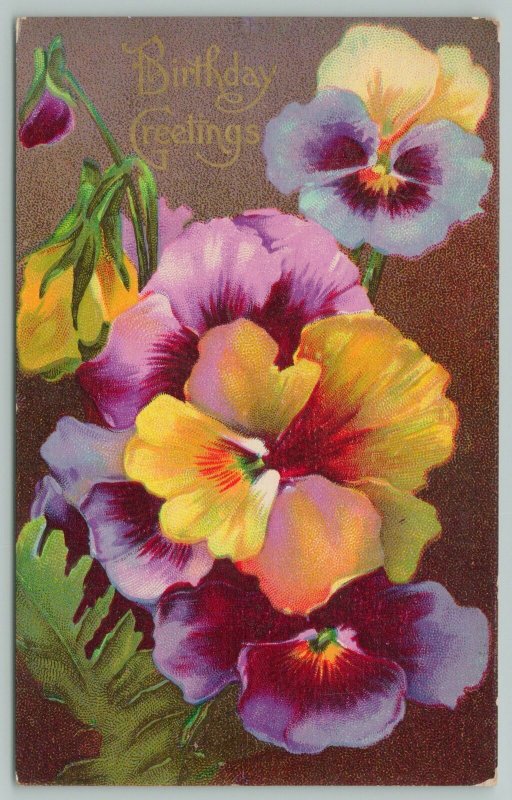 Flowers Greetings~Vibrant Yellow and Purple Pansies~c1910 Postcard