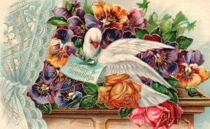 Vintage Postcard Birthday Greetings White Dove Delivering Letter Flowers Curtain
