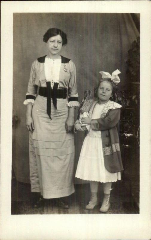 Unusual RPPC Mother & Daughter Holding Owl - Stuffed & Mounted c1910 RPPC