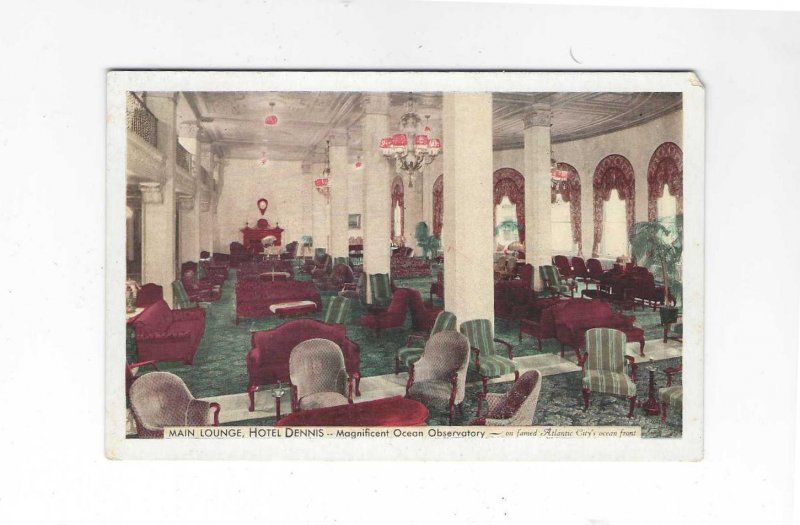 1930's Main Lounge, Hotel Dennis, Atlantic City, NJ White Boarder Postcard