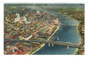 OH - Cincinnati. Aerial View of Ohio River & Bridges Connecting to Kentucky