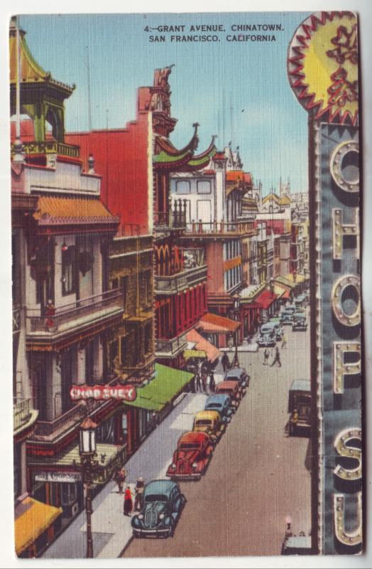 P569 JLs 1935-45 linen china town grant ave old cars signs san francisco calif