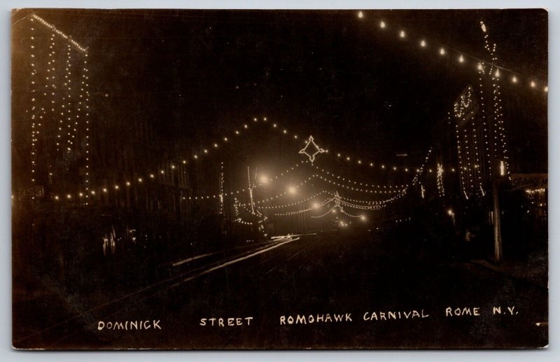 Rome New York~Dominick Street During Romohawk Carnival @ Night~JM Brainerd RPPC