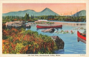 Lily Pad Pond, Sourdnahunk Valley, Maine Red Canoes in Pond Linen Postcard