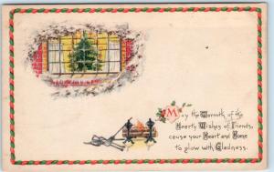 Arts and Crafts  CHRISTMAS TREE SCENE w/ Verse, Border, Fireplace 1910 Postcard