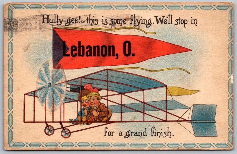 Lebanon Ohio 1914 Postcard Pennant Couple In Bi-Plane Airplane