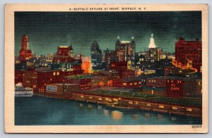 Buffalo New York~Skyline Night View~Skyscrapers~Waterfront~Ship~Linen 1938 PC
