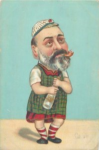Early comic caricature bearded man drinking & pipe smoking infantilized