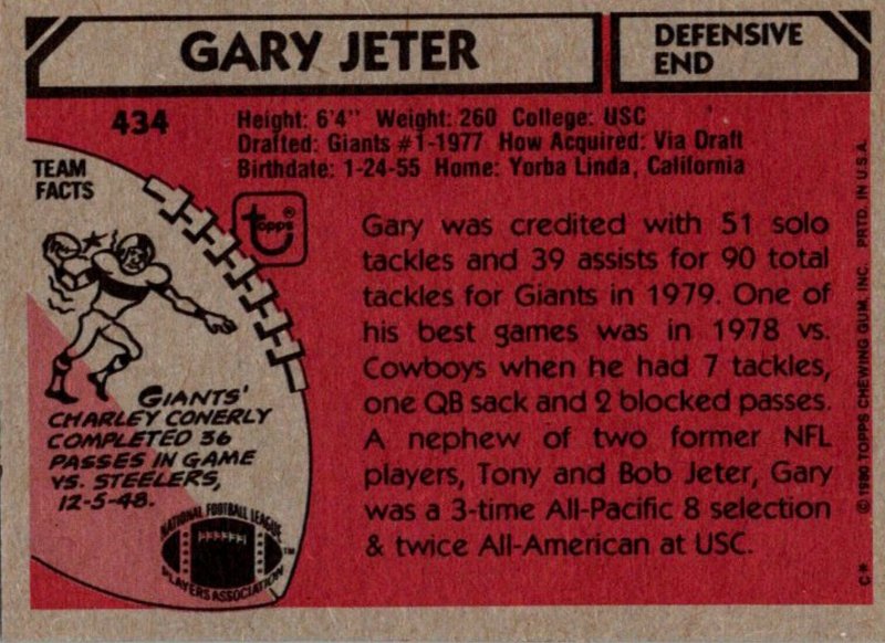 1980 Topps Football Card Gary Jeter DE New York Giants sun0051