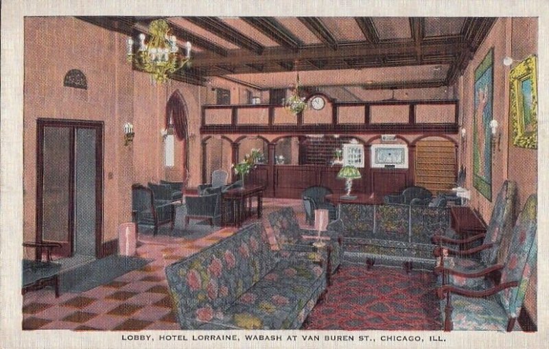 Postcard Lobby Hotel Lorraine Wabash Van Buren St Chicago IL