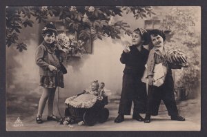 Vintage German Photo Postcard Children with Toys and Doll Pram Greetings