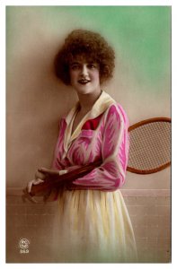 1921 Tennis Playing Lady, Colored, French Postcard