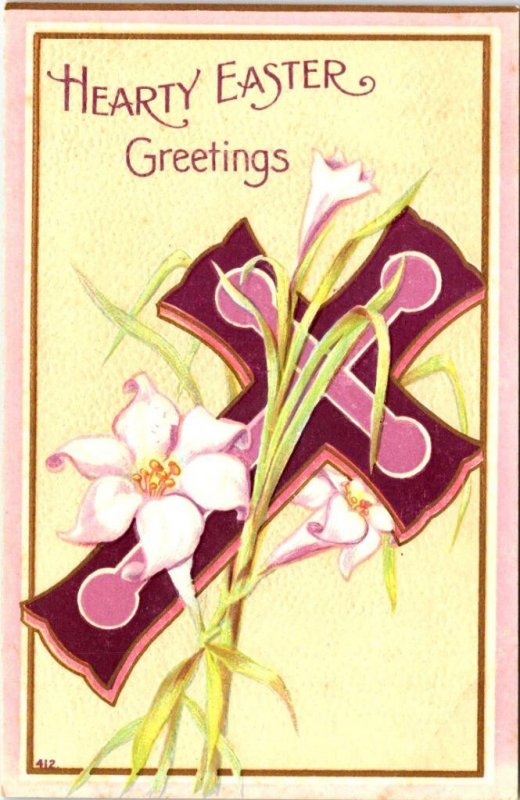3~ca1910's Holiday Postcards EASTER GREETINGS Embossed Cross & Flower Greetings