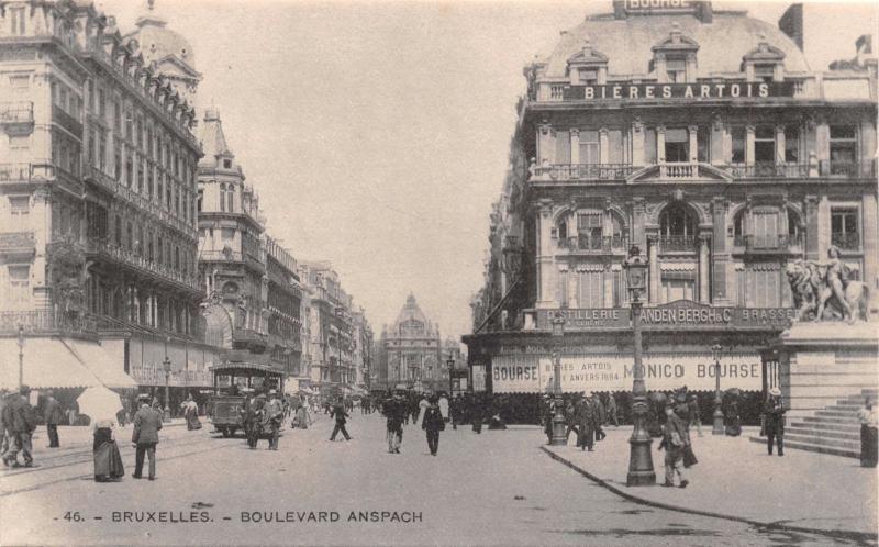 BRUXELLES BELGIUM BOULEVARD ANSPACH~BIERRE ARTOIS SIGN~DOBRECOURT POSTCARD 1900