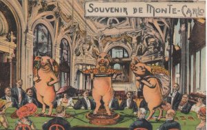 Souvenir De Monte Carlo Croupier Roulette Pigs Antique Comic Postcard