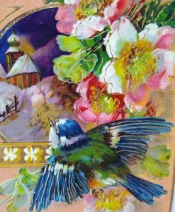 New Years Postcard Bluebird Flowers Gel Vintage Original Germany Series 12 Gold