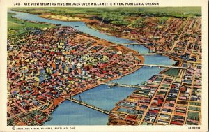 Aerial View Five Bridges OVer Willamette River, Portland OR Vintage Postcard D57