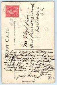 c1910's Army Soldier With Flag Embossed WWI Charleston SC Antique Postcard