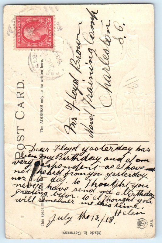 c1910's Army Soldier With Flag Embossed WWI Charleston SC Antique Postcard