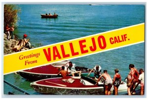 c1950's Greetings From Vallejo Speed Boat Docking Fishing Tourists CA Postcard