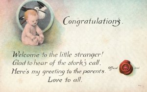 Vintage Postcard 1919 Congratulations Welcome To The Little Stranger Greetings