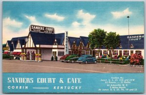 Postcard Asheville NC & Corbin KY c1940s Sanders Court & Cafe Old Cars Gas Pumps