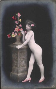 Woman in Studio Body Suit & Flowers Semi Nude Tinted Real Photo Postcard #1