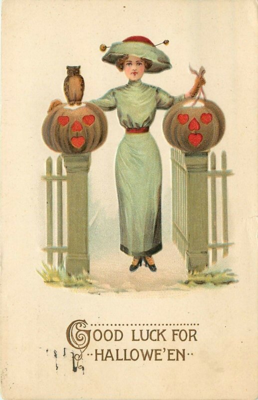 Embossed Gottschalk Halloween Postcard 2693 Stylish Woman w Jack o Lanterns, Owl
