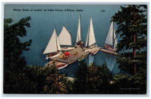 Coeur D Alene Idaho ID Postcard White Sails At Anchor On Lake 1954 Vintage