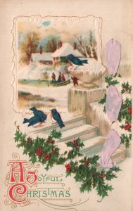 Vintage Postcard 1910's A Joyful Christmas Birds Snow Houses Holly Greetings