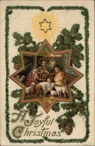 Christmas Nativity Mary Joseph Baby Jesus Star Border c1910 Gel Postcard