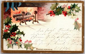 Embossed Holly & Berries, 1908 Fireplace Logs Scene, Vintage Christmas Postcard
