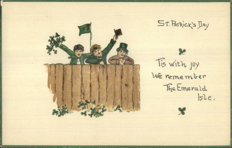 St. Patrick's Day Series 7016 Irish Boys Over Fence c1910 Postcard