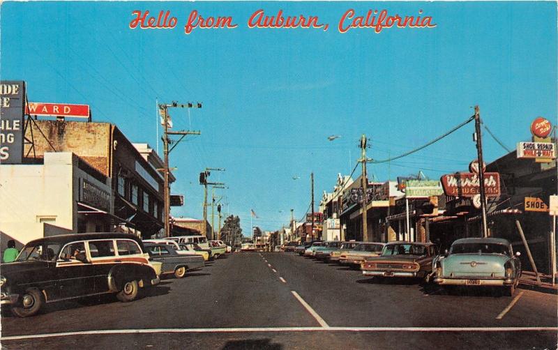 Auburn California~Street Scene~Shoe Repair~Jewelers~Ward~Rexall~50s & 60s Cars