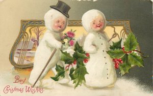 Embossed Snow-man Children Christmas Greetings Picture Of Boy Writer on Back