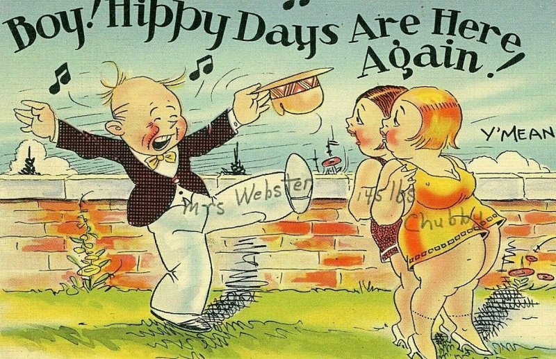 Postcard Comical, Boy !, Hippy Days Are Her Again !          Q8