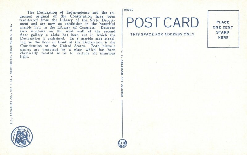 Vintage Postcard Shrine Declaration Of Independence Constitution Washington DC