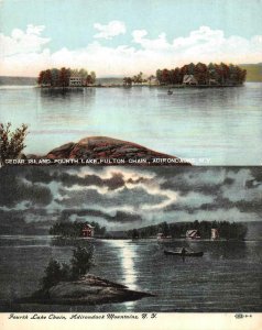 2~Postcards New York NY ~CEDAR ISLAND~FOURTH LAKE~FULTON CHAIN Day~Night ca1910s