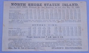 1800s Timetable Starin's Excursions Glen Island Long Staten Trade Card